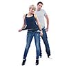 young couple isolated on white in fashionable underwear and blue jeans clothing