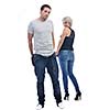 young couple isolated on white in fashionable underwear and blue jeans clothing