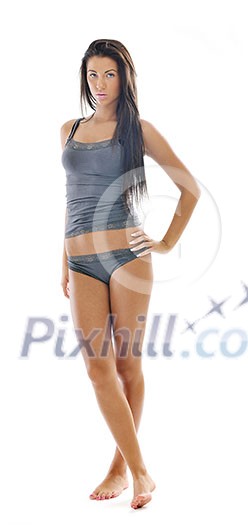 fashion beauty shoot with happy young girl isolated on white with wind in hair in studio fashion beauty shoot with happy young girl isolated on white with wind in hair in studio