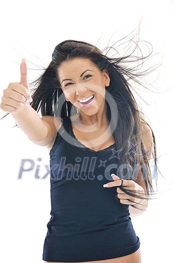 fashion beauty shoot with happy young girl isolated on white with wind in hair  in studio