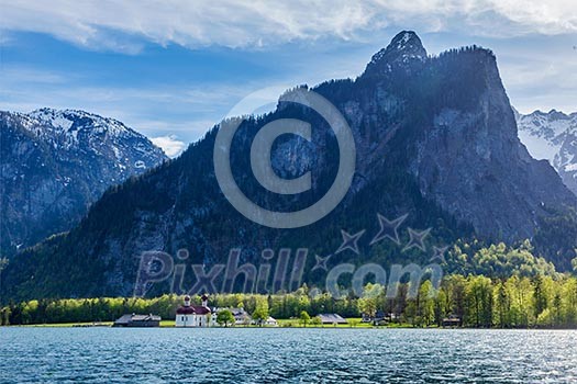 Koningsee lake and St. Bartholomew's Church in Bavarian Alps, Berchtesgaden, Bavaria, Germany