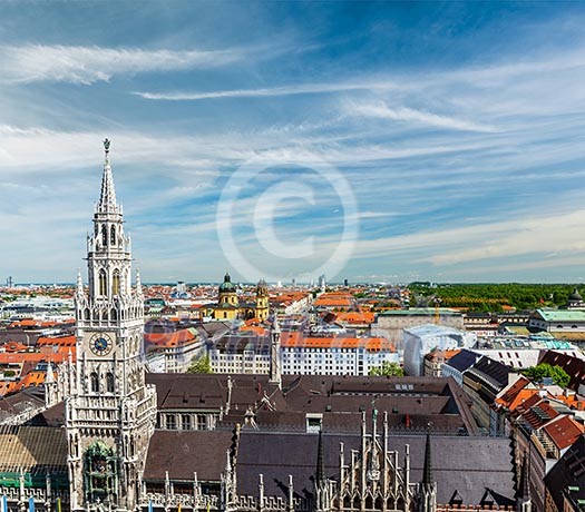 View of Munich Marienplatz, Neues Rathaus and Frauenkirche from St. Peter's church. Munich, Germany