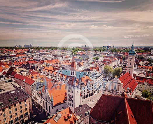 Vintage retro effect filtered hipster style travel image of aerial view of Munich - Marienplatz and Altes Rathaus, Bavaria, Germany