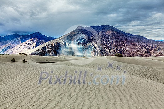 High dynamic range image of sand dunes in Himalayas. Hunder, Nubra valley, Ladakh, India