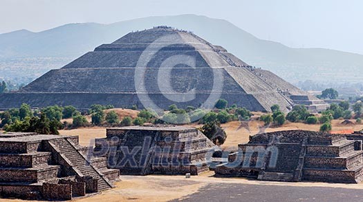 Panorama of Pyramid of the Sun. Teotihuacan. Mexico. View from the Pyramid of the Moon.