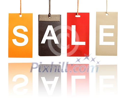 Sale written on paper tags isolated on white background
