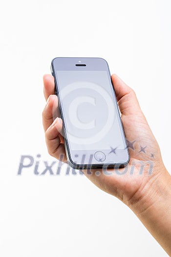 Female hand holding a smart phone, isolated on white