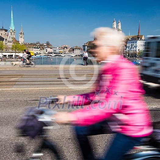 Zurich cityscape with motion blurred city traffic Zurich cityscape with motion blurred city traffic