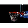 Basketball ball,  board and net  on black background in gym indoor