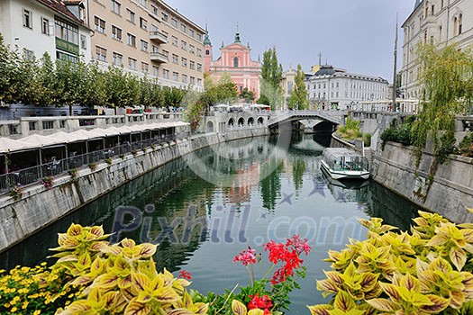 city  Ljubljana, capital of Slovenia with old bridge flower and river