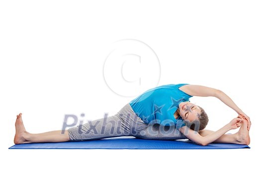 Yoga - young beautiful slender woman yoga instructor doing Revolved Wide Seated Forward Bend Pose (parivrtta upavistha konasana) asana exercise isolated on white background Yoga - young beautiful slender woman yoga instructor doing Revolved Wide Seated Forward Bend Pose (parivrtta upavistha konasana) asana exercise isolated on white background
