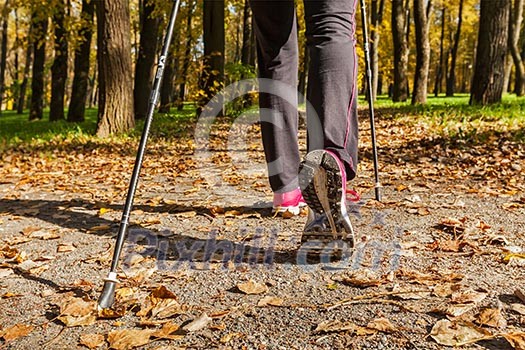 Nordic walking adventure and exercising concept - woman hiking, legs and nordic walking poles in autumn nature