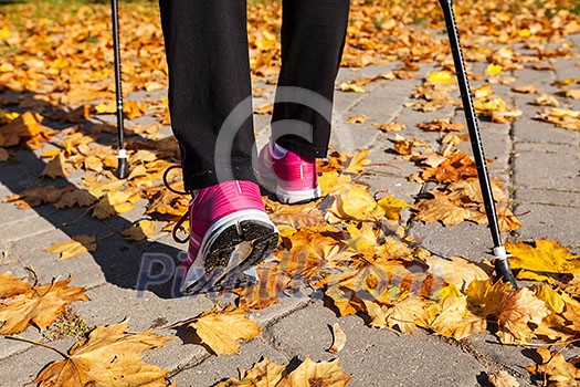 Nordic walking adventure and exercising concept - woman hiking, legs and nordic walking poles in autumn nature