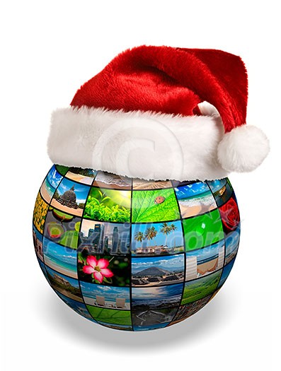 Christmas concept - photo globe in Santa hat