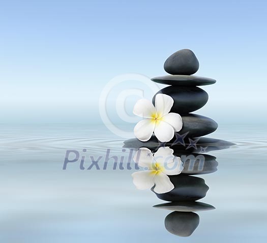 Zen spa concept background - Zen massage stones with frangipani plumeria flower in water reflection Zen spa concept background - Zen massage stones with frangipani plumeria flower in water reflection