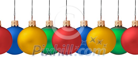 Row pf  hanging Christmas baubles isolated  on white background, seamless horizontally