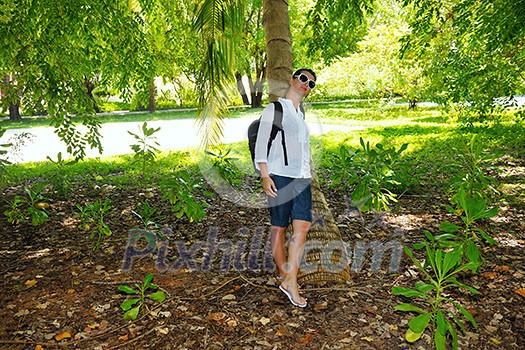 happy young woman on summer vacation on beautiful tropical beach have fun and relax