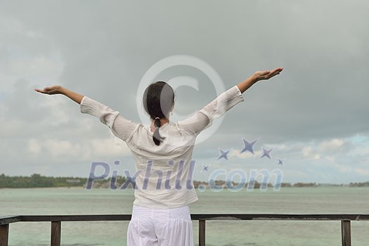 young woman relax on cloudy summer day and bad weather