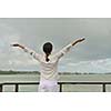 young woman relax on cloudy summer day and bad weather