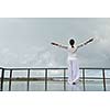 young woman relax on cloudy summer day and bad weather