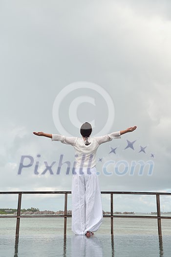 young woman relax on cloudy summer day and bad weather young woman relax on cloudy summer day and bad weather