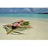 happy young woman on summer vacation on beautiful tropical beach have fun enjoy and relax