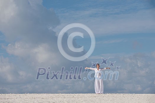 happy young woman on summer vacation on beautiful tropical beach have fun enjoy and relax happy young woman on summer vacation on beautiful tropical beach have fun enjoy and relax