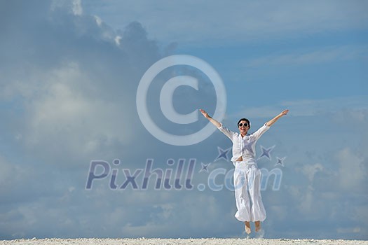 happy young woman on summer vacation on beautiful tropical beach have fun enjoy and relax happy young woman on summer vacation on beautiful tropical beach have fun enjoy and relax