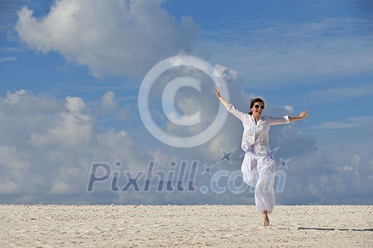 happy young woman on summer vacation on beautiful tropical beach have fun enjoy and relax happy young woman on summer vacation on beautiful tropical beach have fun enjoy and relax