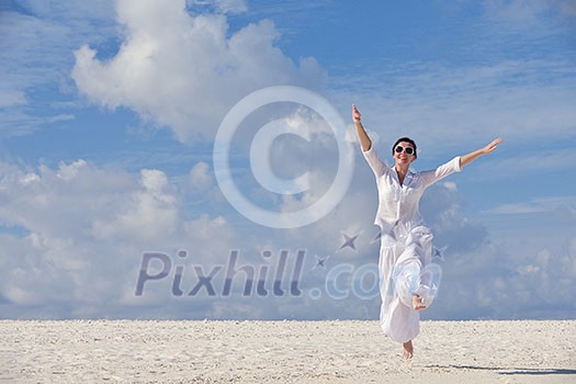 happy young woman on summer vacation on beautiful tropical beach have fun enjoy and relax happy young woman on summer vacation on beautiful tropical beach have fun enjoy and relax