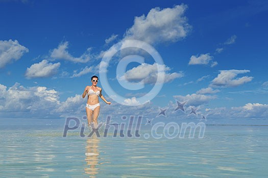 happy young woman on summer vacation on beautiful tropical beach have fun enjoy and relax happy young woman on summer vacation on beautiful tropical beach have fun enjoy and relax