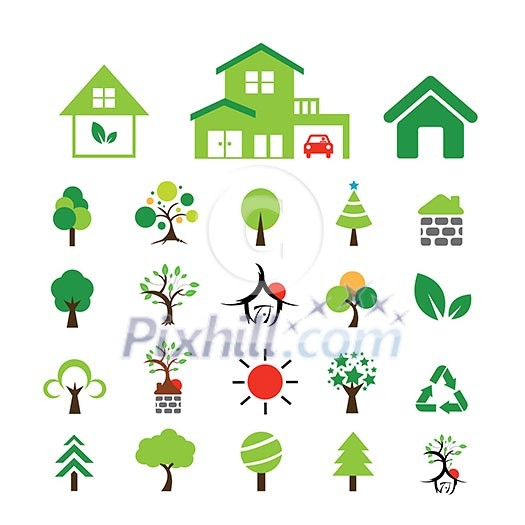 Green coloured house and tree symbols vector set 