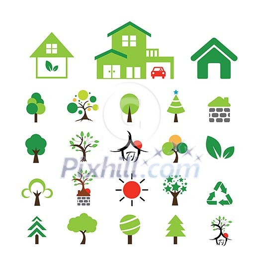 Green coloured house and tree symbols vector set Green coloured house and tree symbols vector set