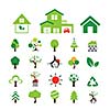 Green coloured house and tree symbols vector set 