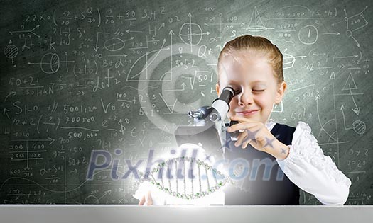 Cute school girl examining dna molecule with microscope