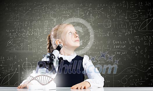 Cute school girl examining dna molecule with microscope Cute school girl examining dna molecule with microscope