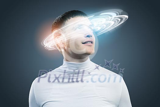 Young handsome man with hologram around head Young handsome man with hologram around head