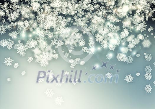 Conceptual image with snowflakes on silver background