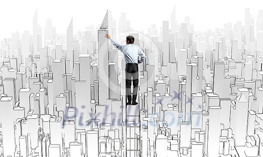 Rear view of businessman standing on ladder and drawing project Rear view of businessman standing on ladder and drawing project