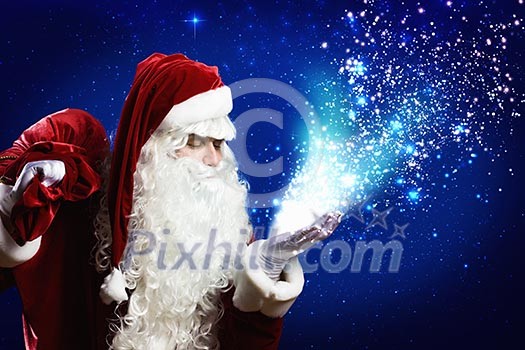Santa Clause with gift bag behind shoulders Santa Clause with gift bag behind shoulders