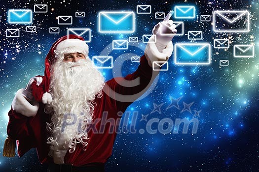 Santa Clause with gift bag behind shoulders Santa Clause with gift bag behind shoulders