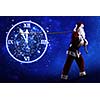 Santa Claus pulling arrow of clock with rope