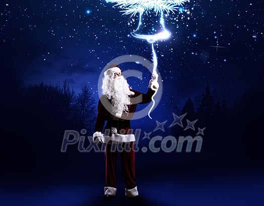 Santa Clause in red costume against blue background