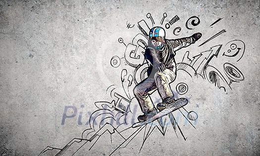 Close up of hand drawing sketches of snowboarder