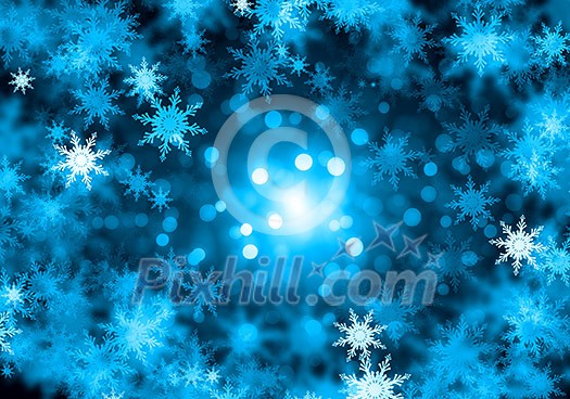Blue Christmas background with snowflakes and lights