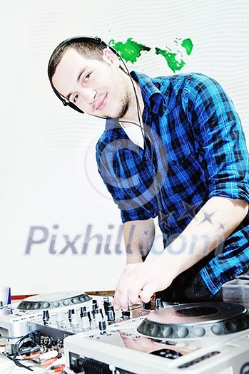 young dj man with headphones and compact disc dj equipment on party young dj man with headphones and compact disc dj equipment on party