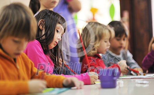 happy child kids group have fun and play at kindergarden indoor preschool education concept with teacher happy child kids group have fun and play at kindergarden indoor preschool education concept with teacher
