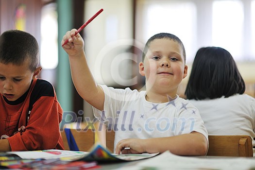 happy child kids group have fun and play at kindergarden indoor preschool education concept with  teacher