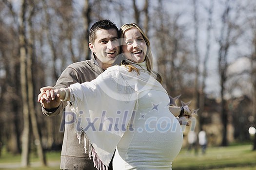 happy young married family couple outdoor in nature have fun and waiting baby and representing young family growth and pregnancy concept happy young married family couple outdoor in nature have fun and waiting baby and representing young family growth and pregnancy concept