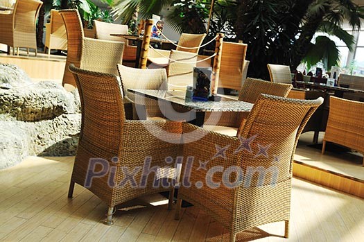 beautiful caffe restaurant with palm tree and little waterfall and bridge beautiful caffe restaurant with palm tree and little waterfall and bridge